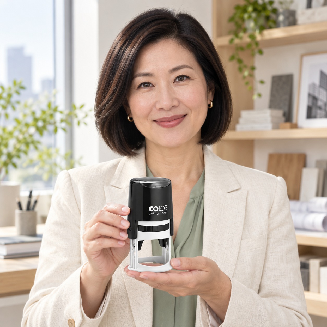 Woman presenting a COLOP R40 California engineer stamp in a sunlit design office