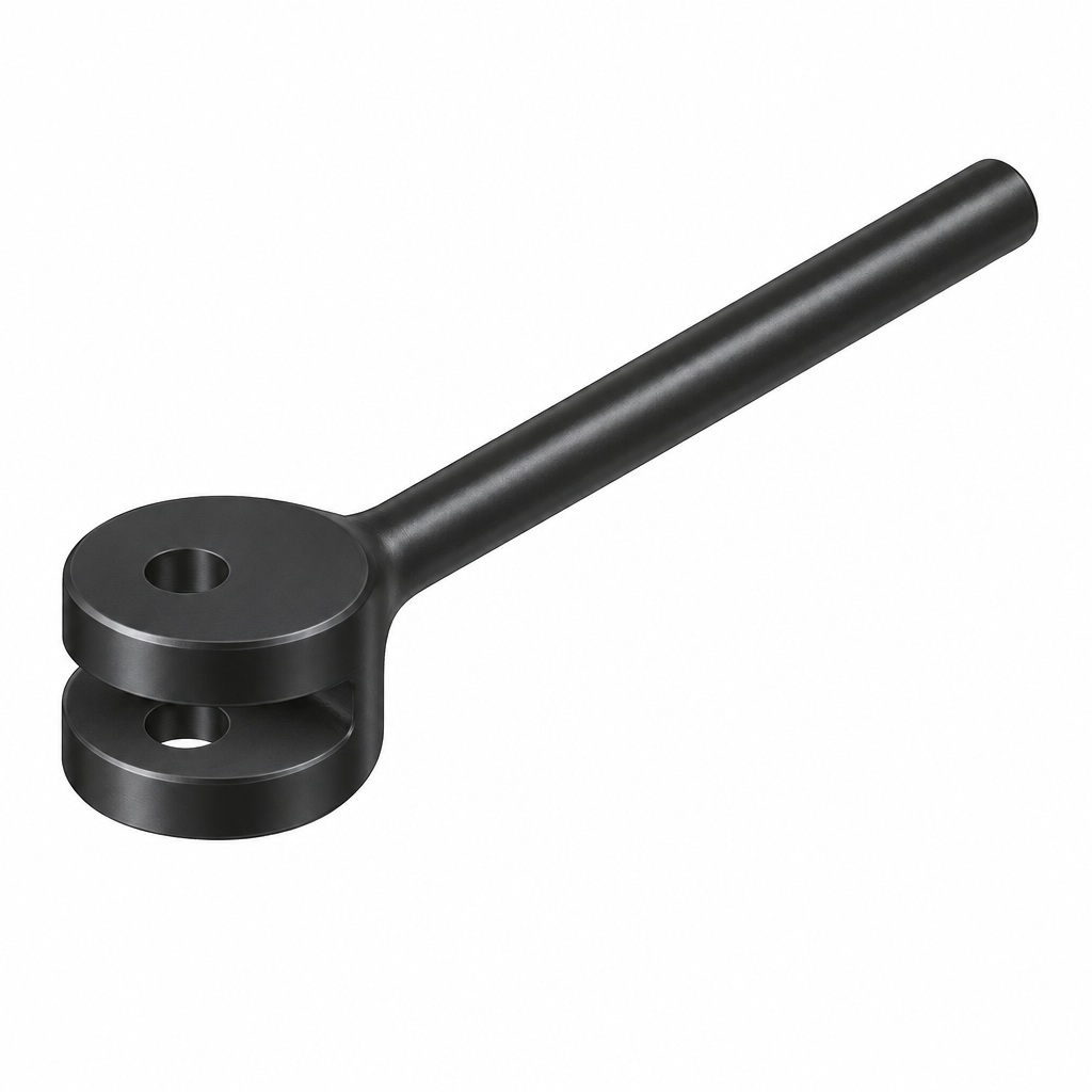 AI illustration of eccentric cam handles showing paired cam cheeks and pivot holes on one handle.