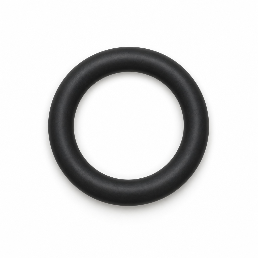 AI illustration of neoprene O rings, showing one black ring with a round cross section.