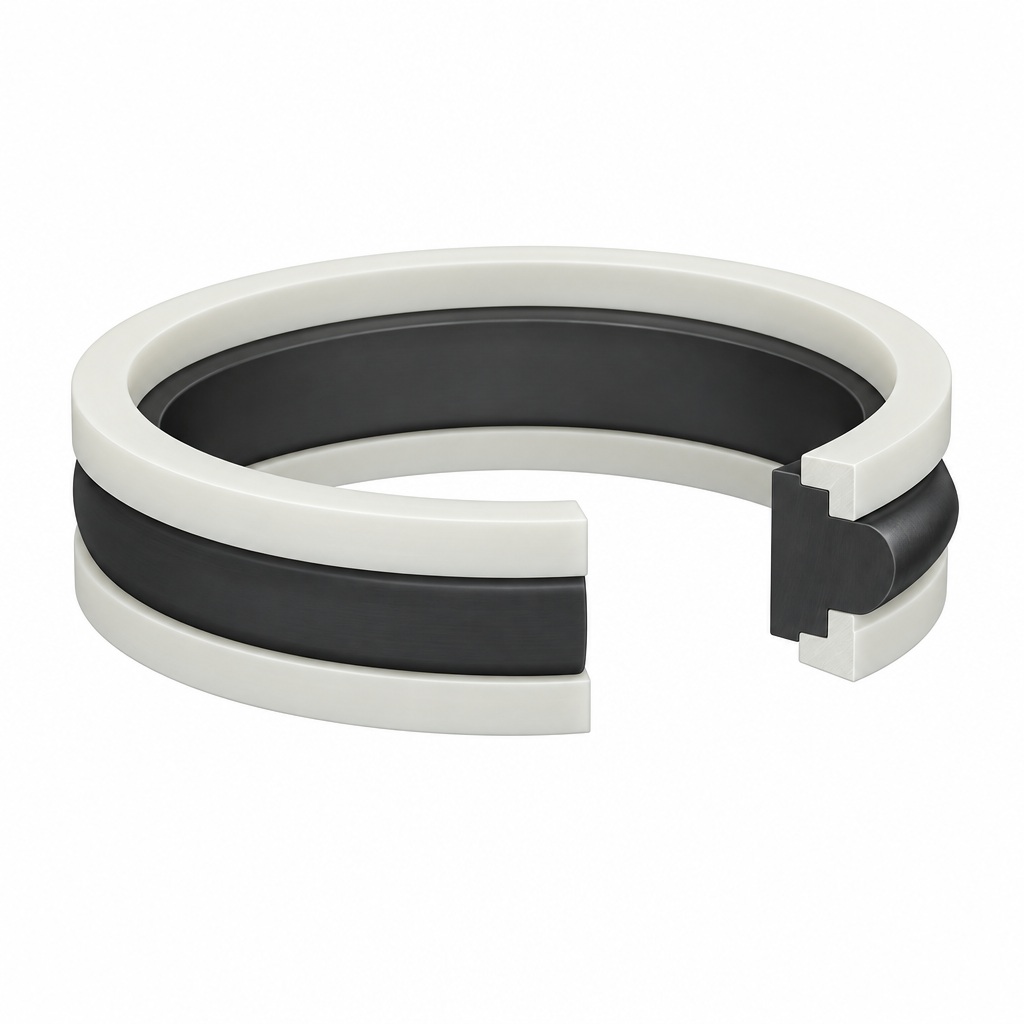 AI illustration of piston T seals with two backup rings and an explanatory cutaway.