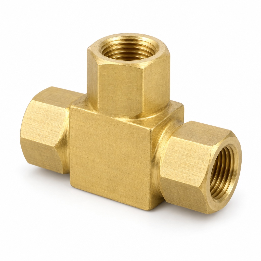 AI illustration of a pneumatic shuttle valve with a brass body and three female ports.
