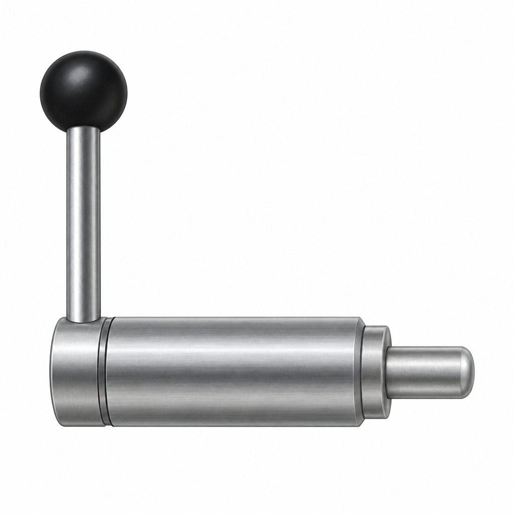 AI illustration of rotary-cam index plungers, showing one plunger with a ball-ended operating lever.