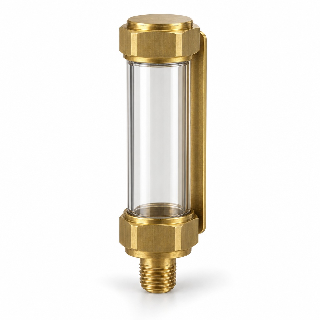AI illustration of an oil level sight gauge, showing the glass tube, shield and threaded shank.