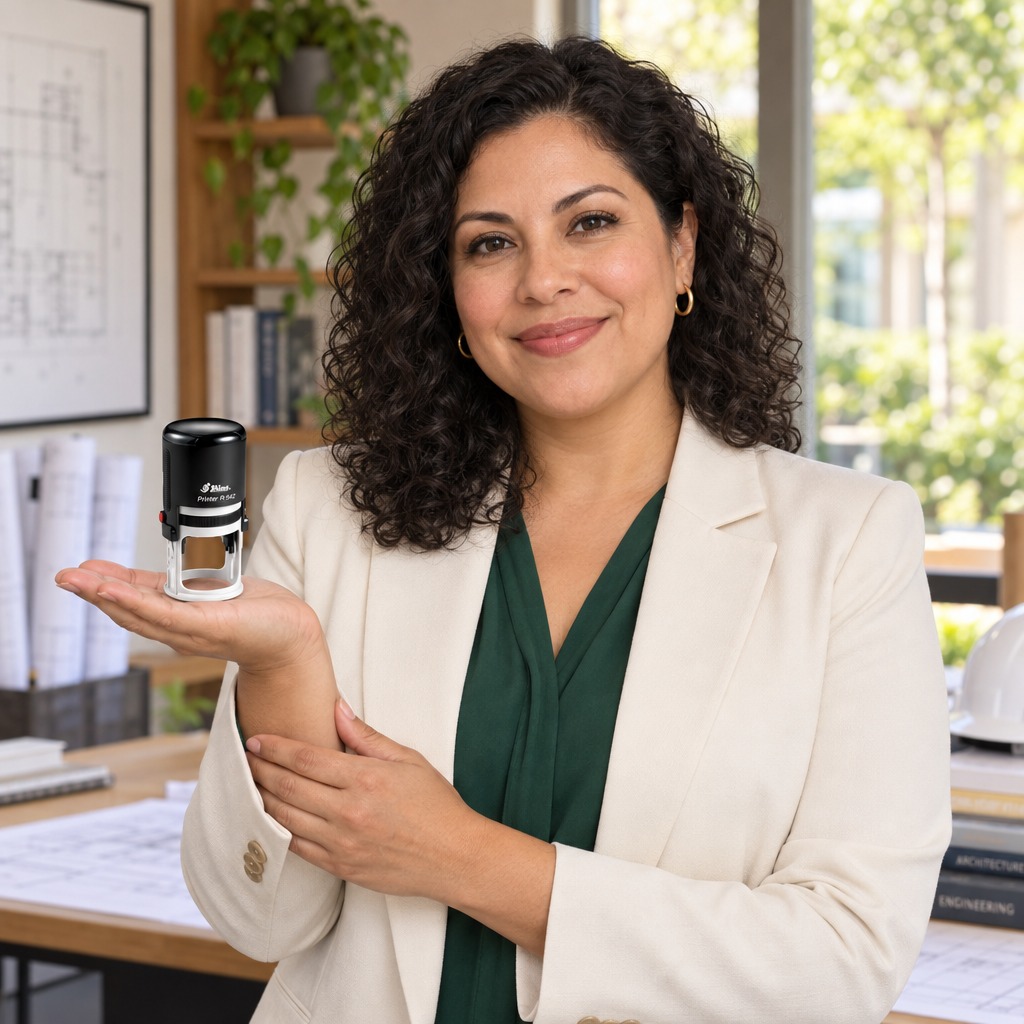 Woman presenting a Shiny 542R Louisiana professional engineer stamp in a bright office