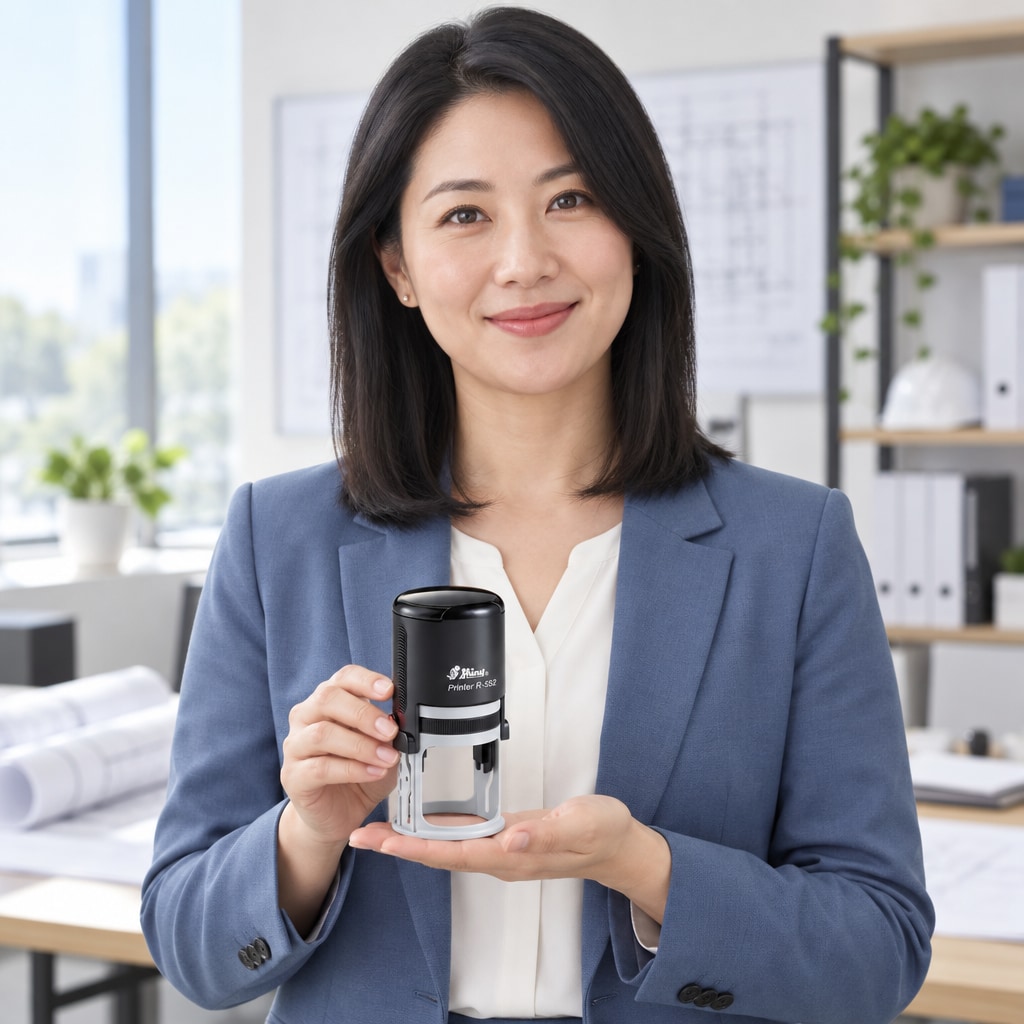 Woman presenting a Shiny 552R Virginia professional engineer stamp in a bright office