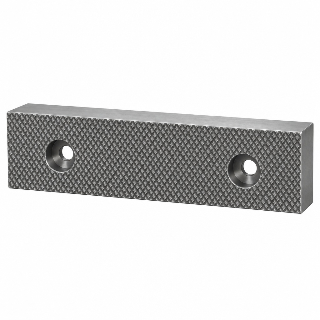 AI illustration of serrated vise jaws showing one six-inch plate with two mounting holes.