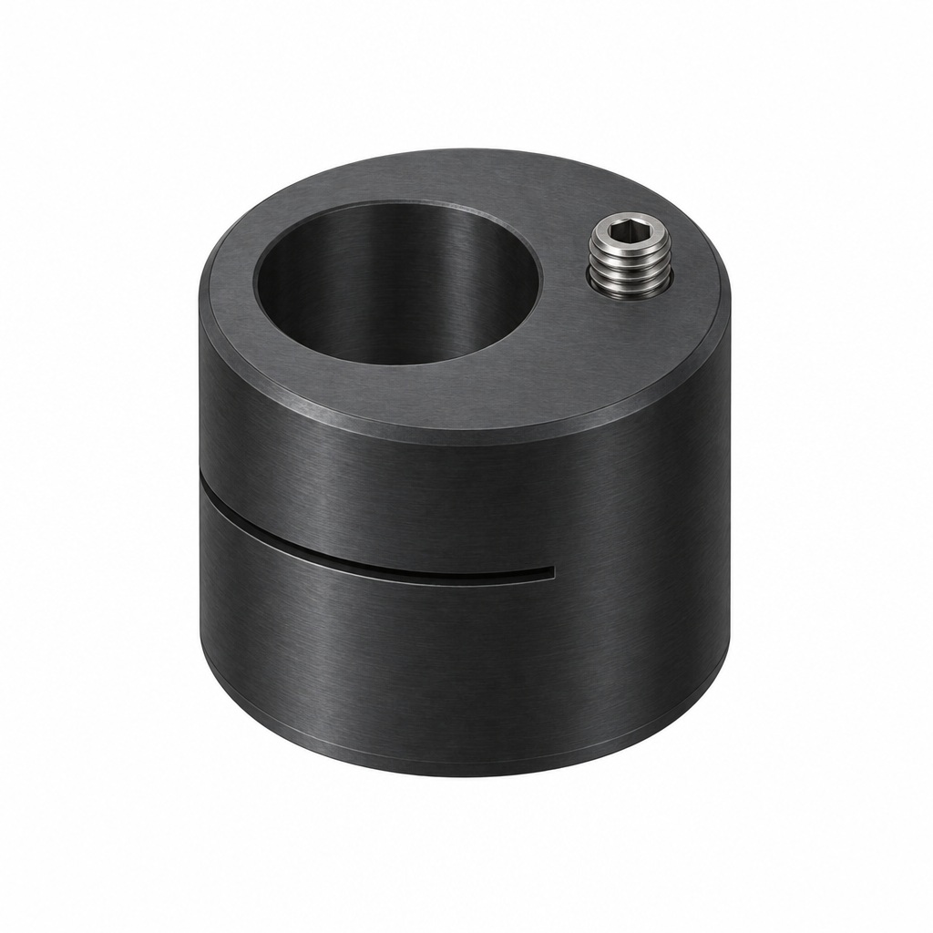 AI illustration of eccentric bushings showing one steel bushing with an offset bore, slit and set screw.
