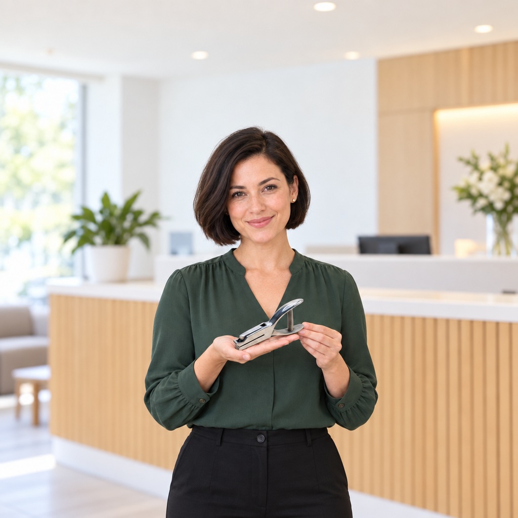 Woman presenting the silver 05 hole punch at a bright reception desk