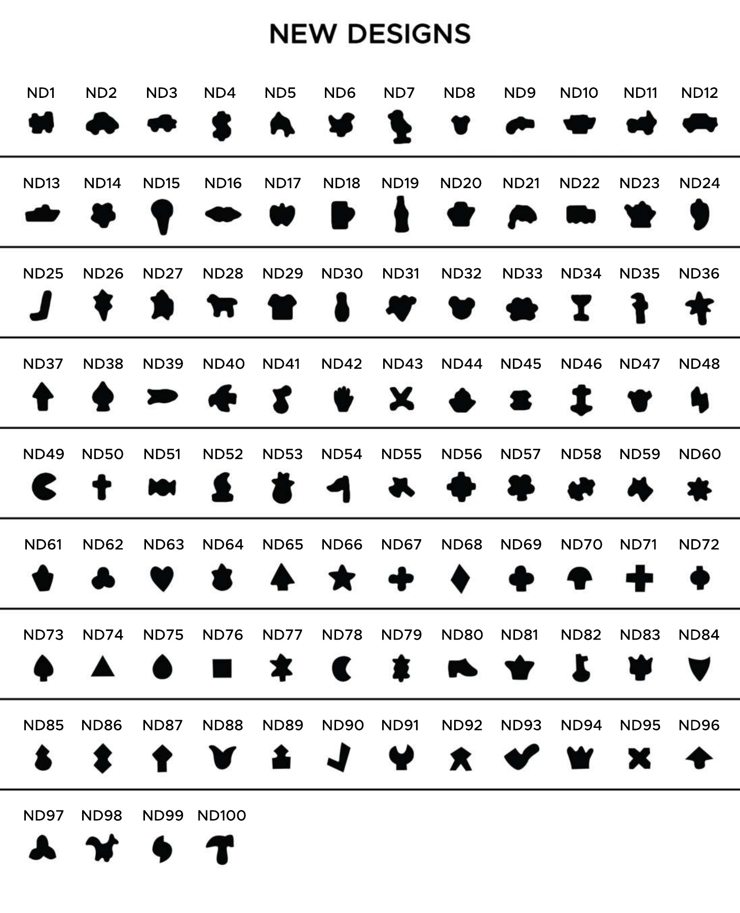05 hole punch design chart with the 100 cutting shapes labelled ND1 through ND100