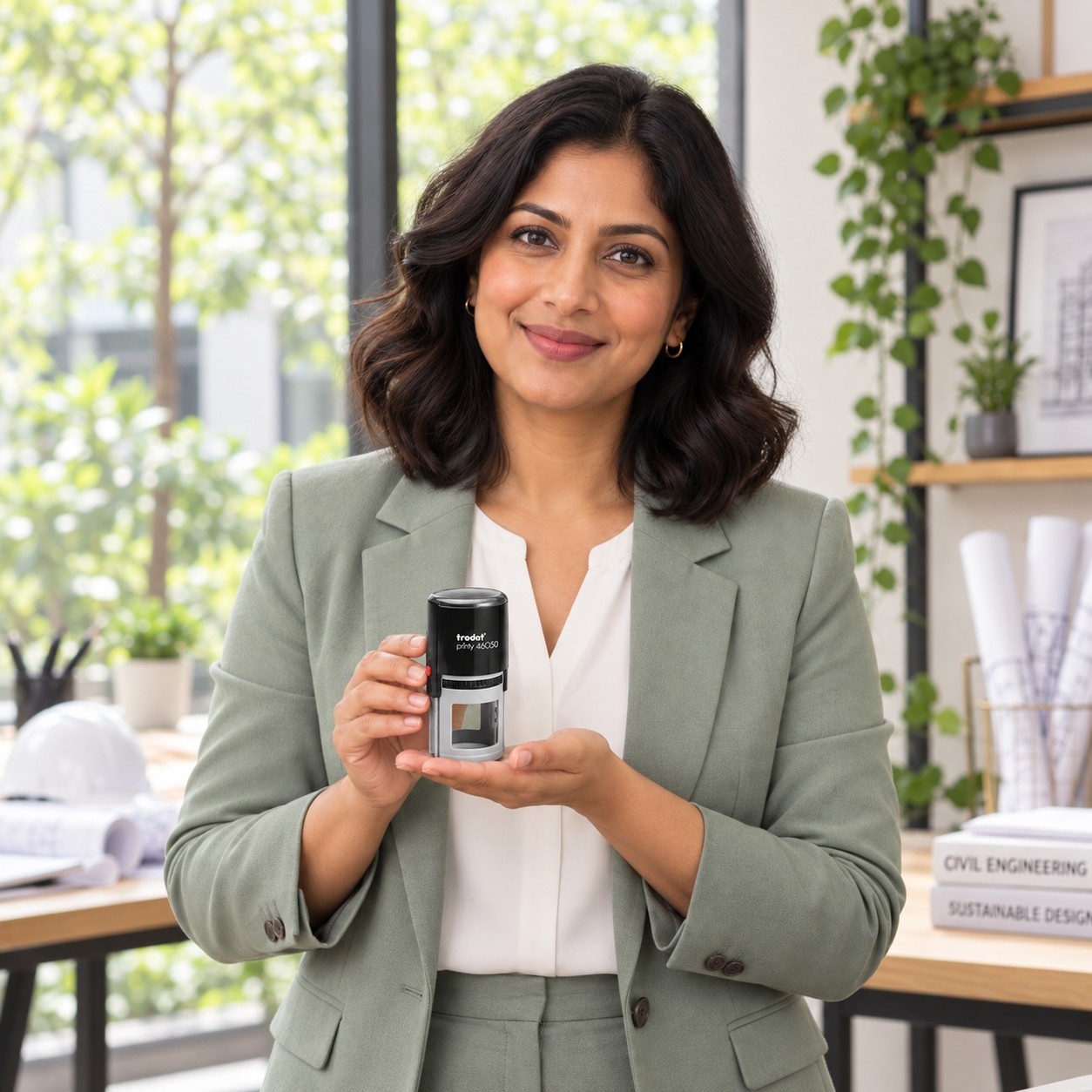 Woman presenting a Trodat 46050 Florida professional engineer stamp in a bright design studio