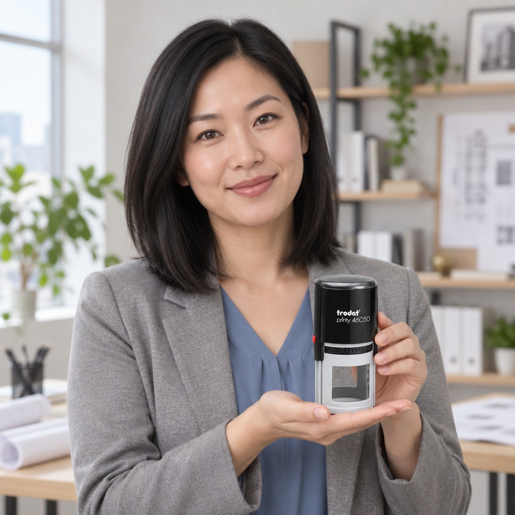 Woman presenting a Trodat 46050 Minnesota professional engineer stamp in a light studio