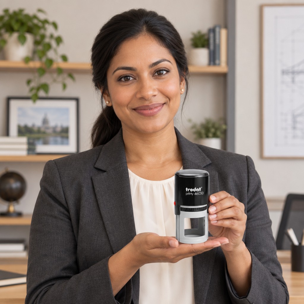 Woman presenting a Trodat 46050 Missouri professional engineer stamp in a bright office