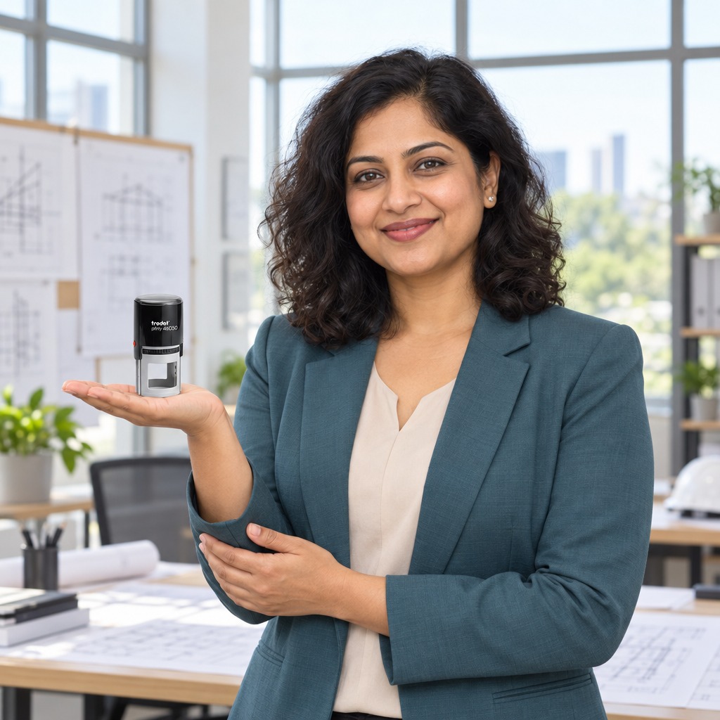 Woman presenting a Trodat 46050 Montana professional engineer stamp in a bright office