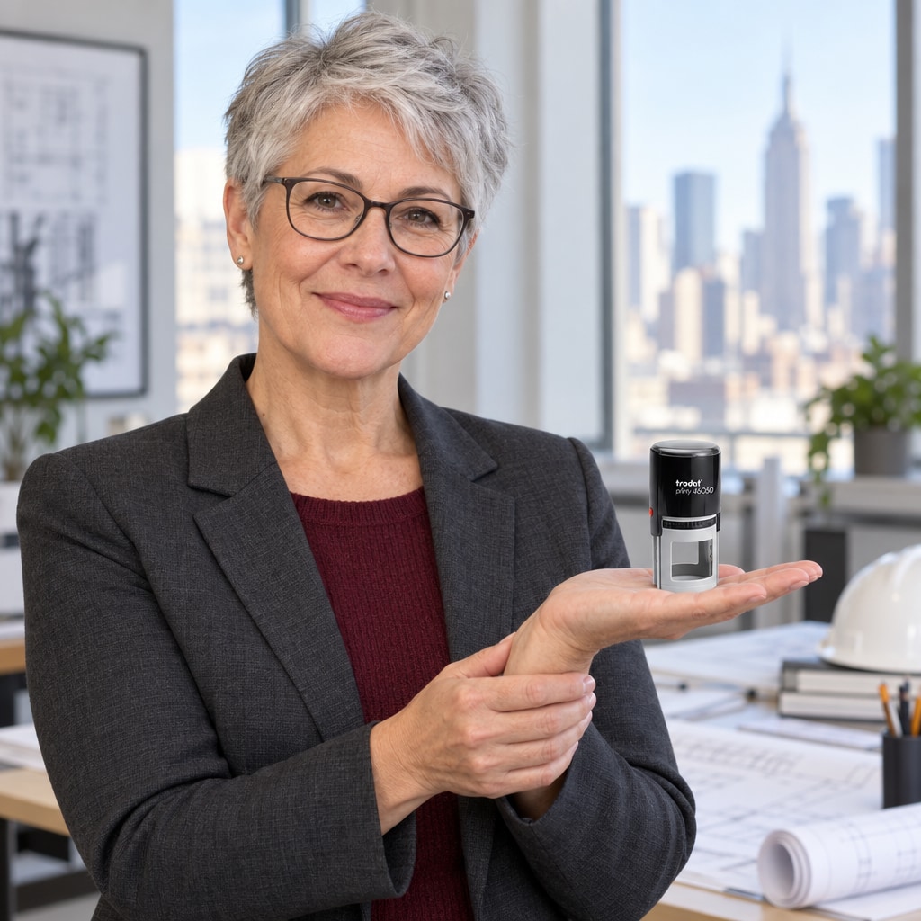Woman presenting a Trodat 46050 New York professional engineer stamp in a bright office