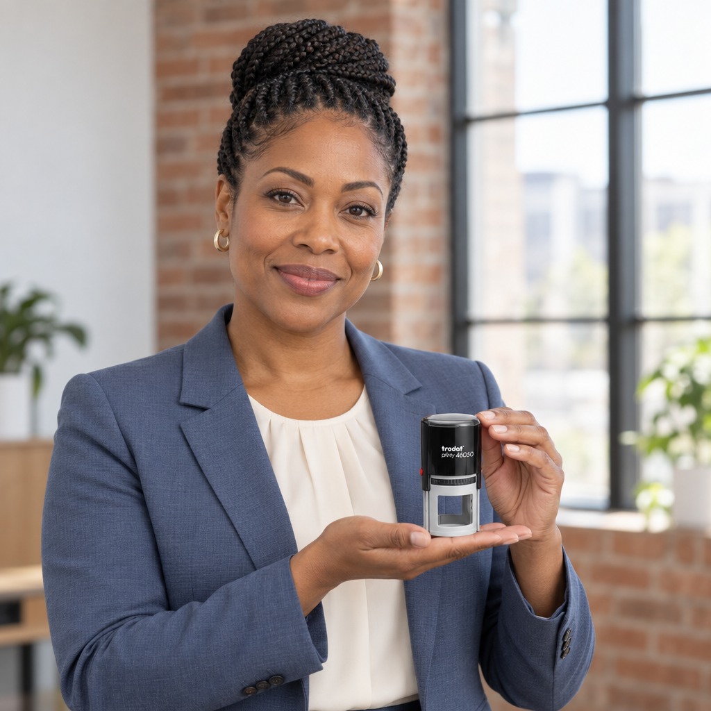 Woman presenting a Trodat 46050 Pennsylvania professional engineer stamp in a bright office