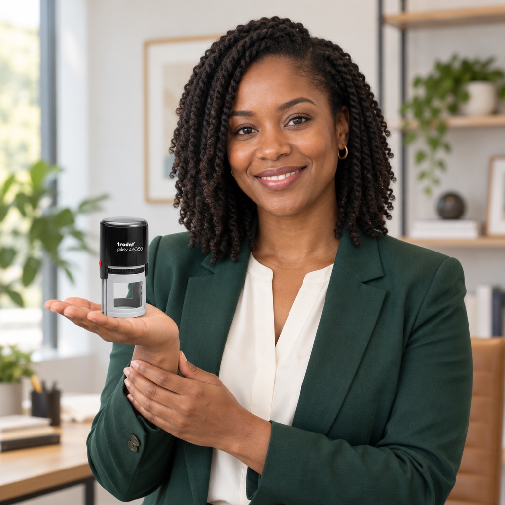 Woman presenting a Trodat 46050 Tennessee professional engineer stamp in a bright office
