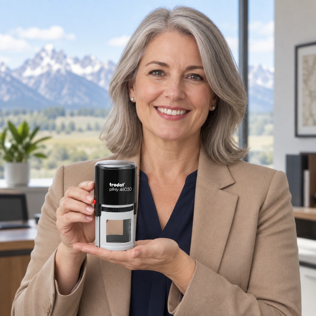 Woman presenting a Trodat 46050 Wyoming professional engineer stamp in a bright office