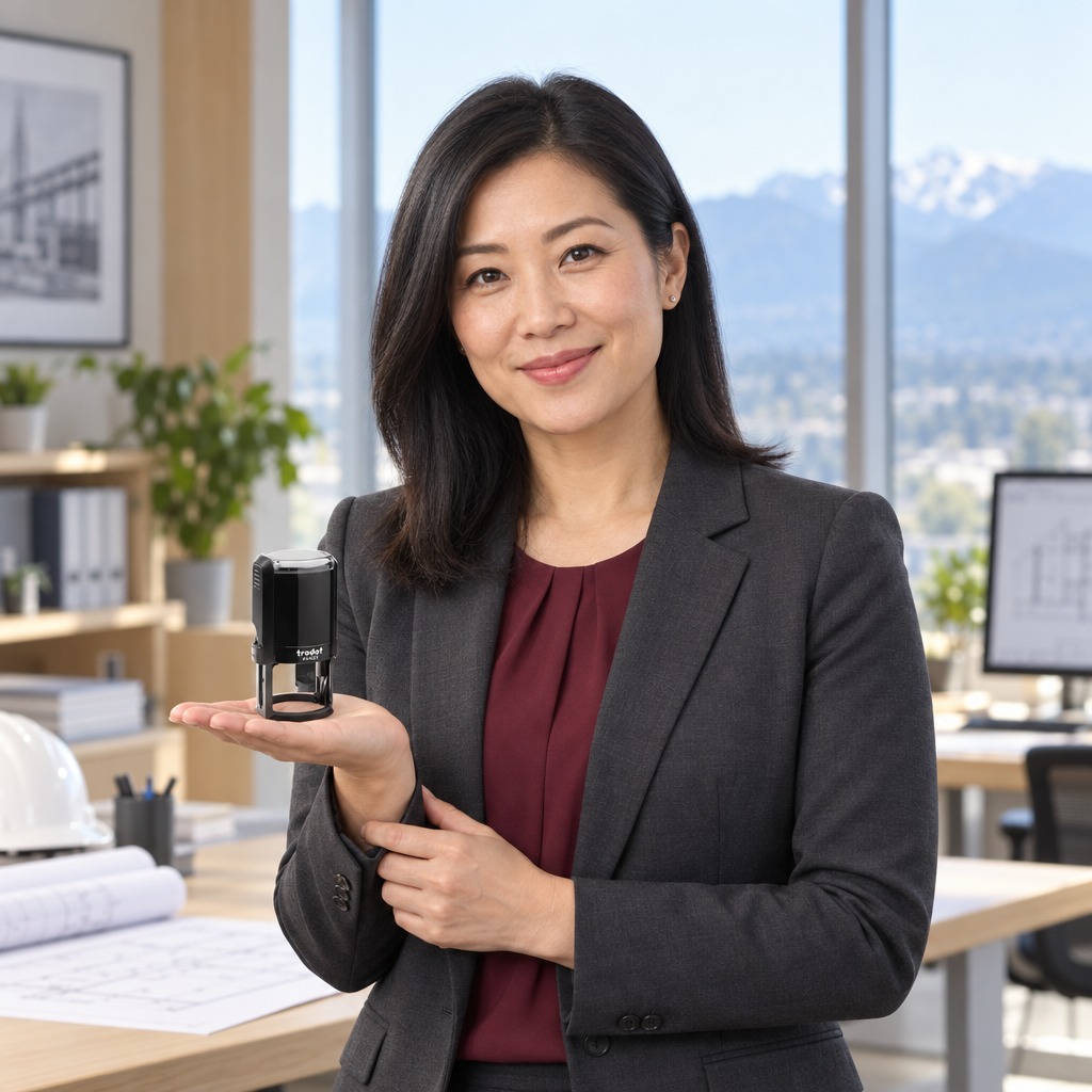 Woman presenting a Trodat 4642 Alaska professional engineer stamp in a bright office