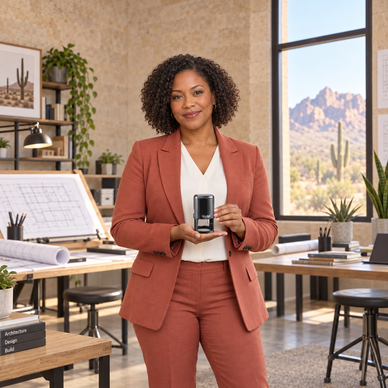 Woman presenting a Trodat 4642 Arizona professional engineer stamp in a bright office