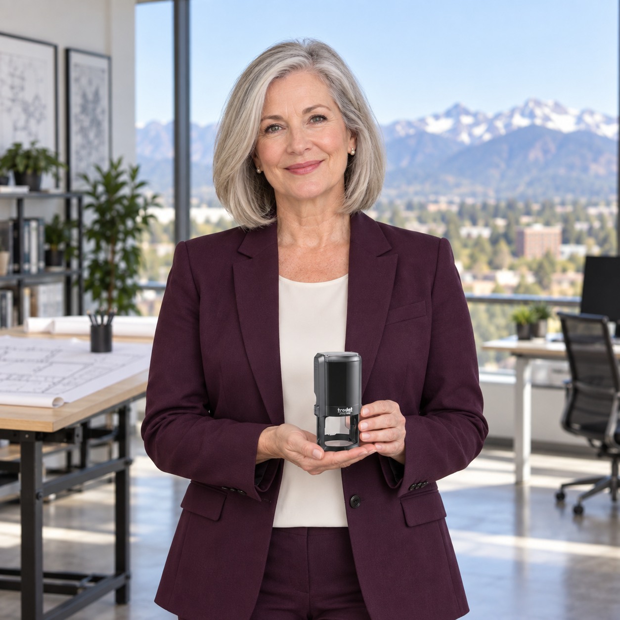 Woman presenting a Trodat 4642 Colorado professional engineer stamp in a bright office