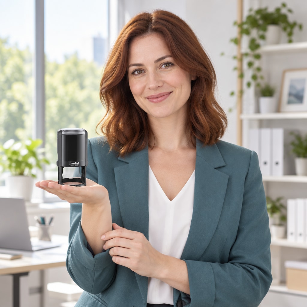 Woman presenting a Trodat 4642 Georgia professional engineer stamp in a bright office