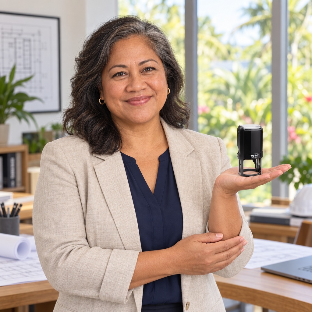 Woman presenting a Trodat 4642 Hawaii professional engineer stamp in a bright office