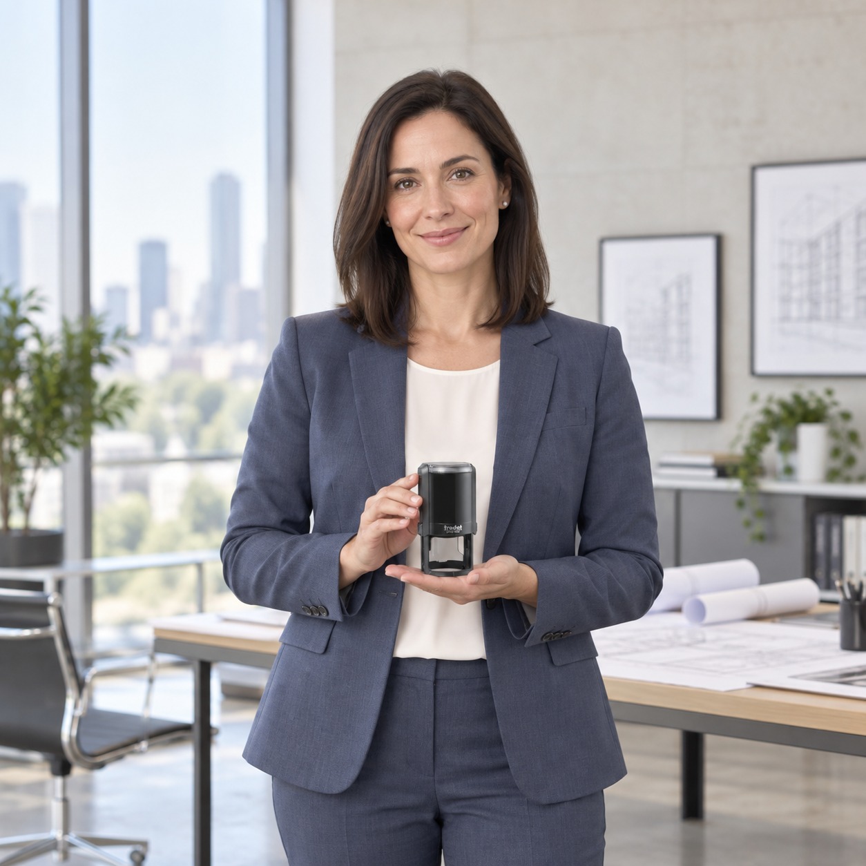 Woman presenting a Trodat 4642 Illinois professional engineer stamp in a bright office