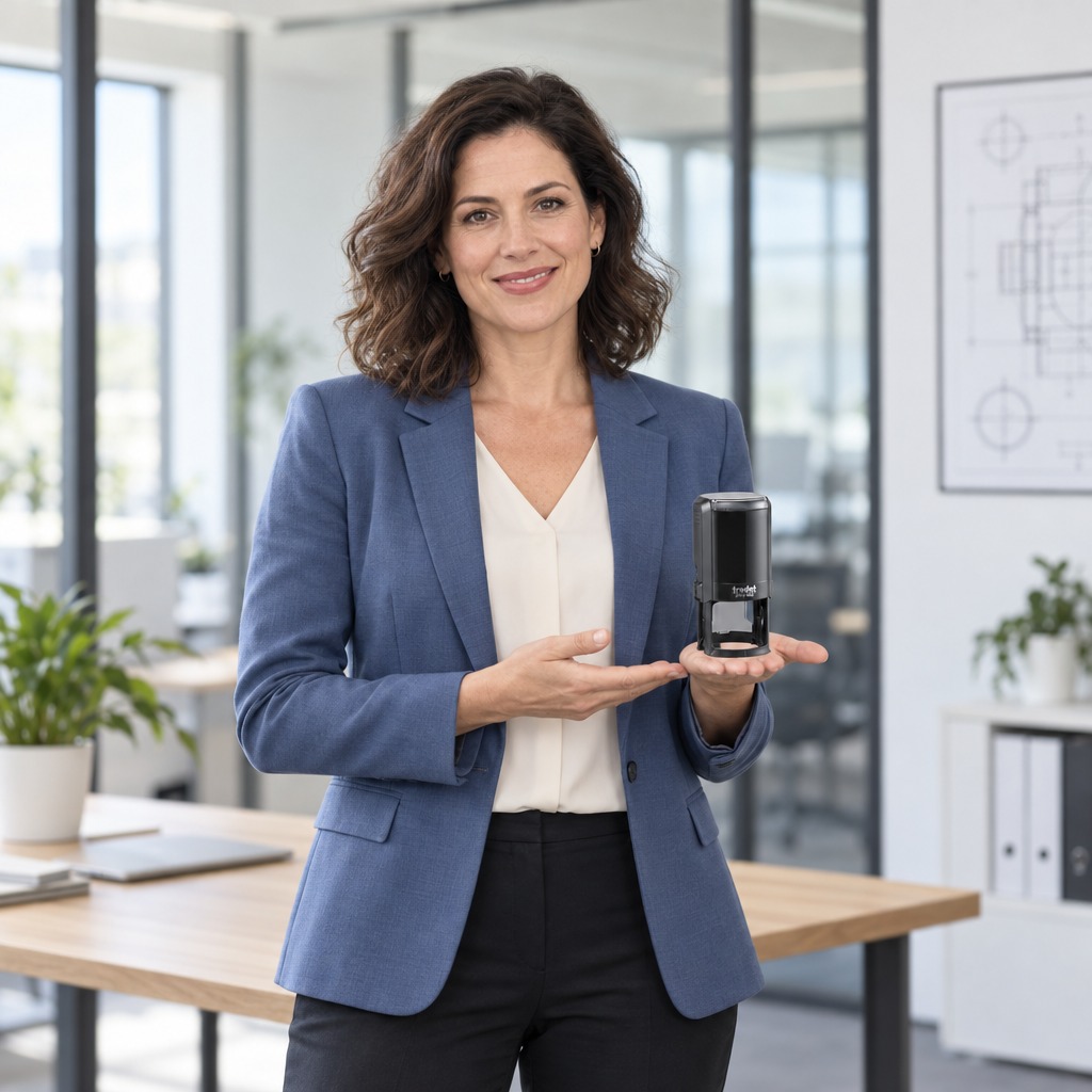 Woman presenting a Trodat 4642 Iowa professional engineer stamp in a bright design office