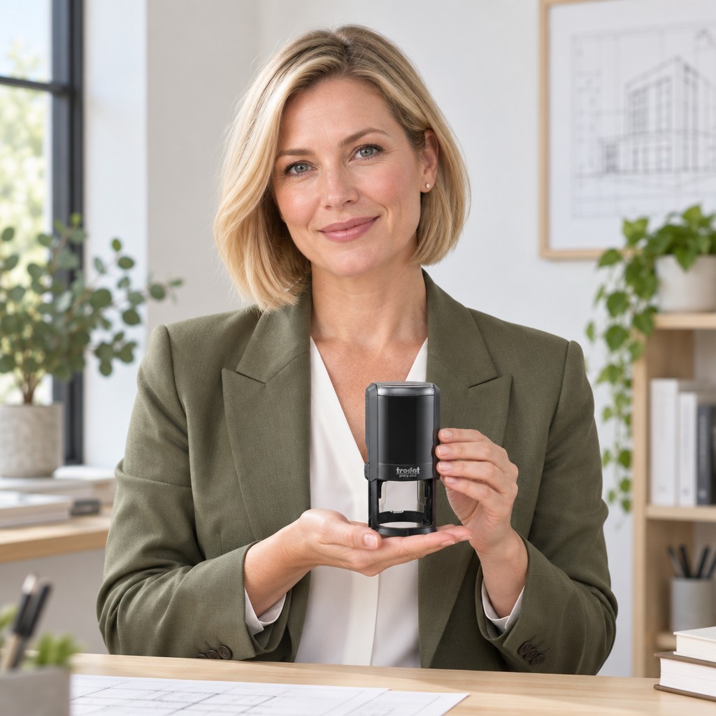 Woman presenting a Trodat 4642 Kansas professional engineer stamp in a bright office