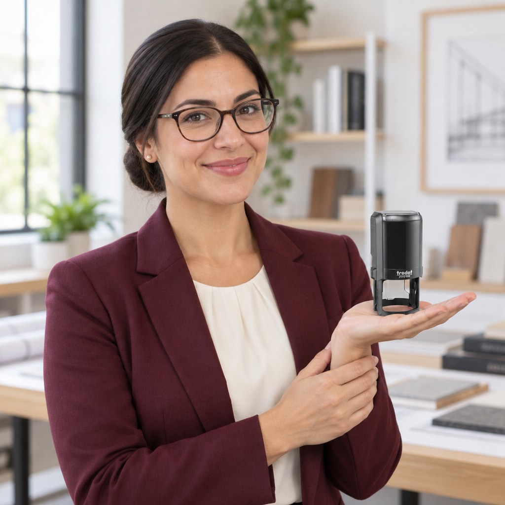 Woman presenting a Trodat 4642 Maryland professional engineer stamp in a bright office