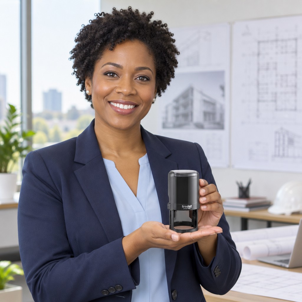 Woman presenting a Trodat 4642 Michigan professional engineer stamp in a bright office