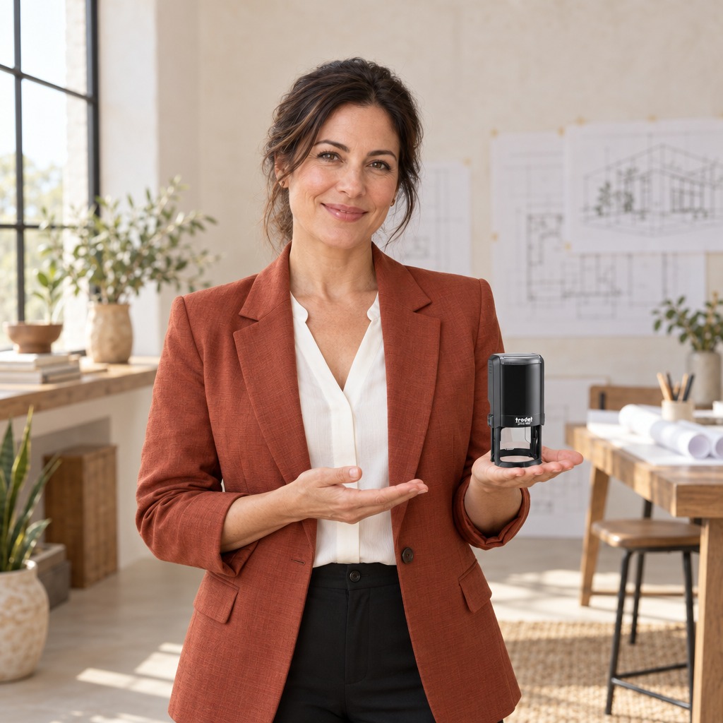 Woman presenting a Trodat 4642 New Mexico professional engineer stamp in a bright design office