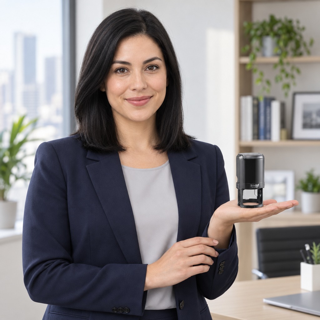 Woman presenting a Trodat 4642 New York notary stamp in a bright office