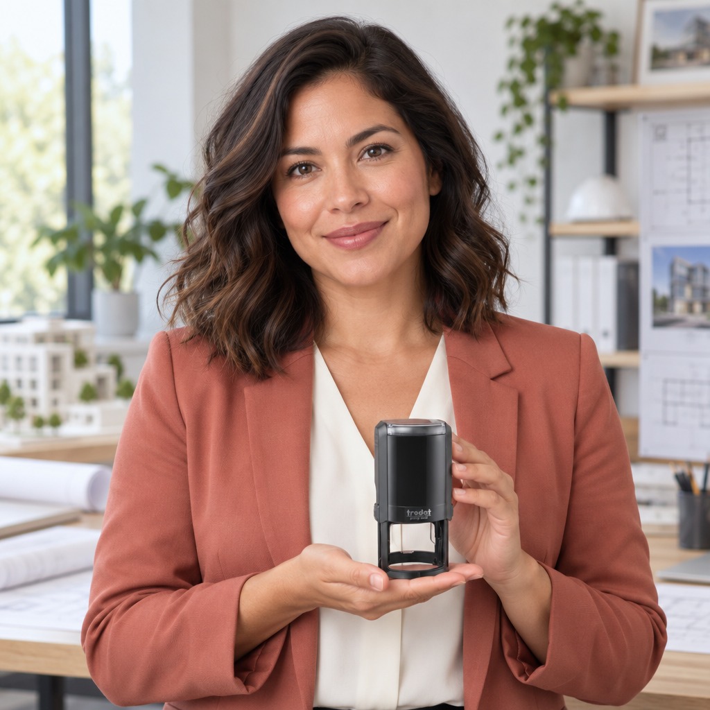 Woman presenting a Trodat 4642 North Carolina professional engineer stamp in a bright office