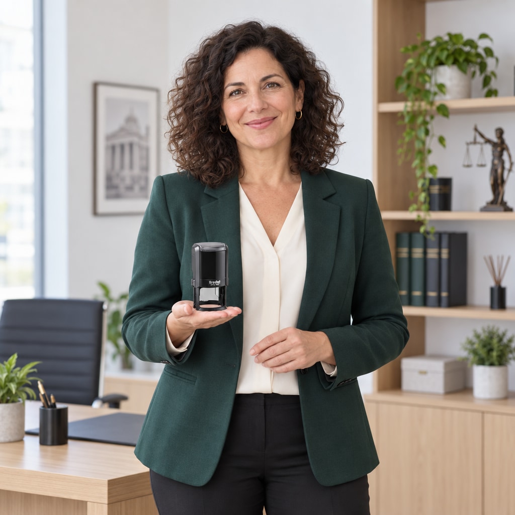 Woman presenting a Trodat 4642 North Carolina notary stamp in a bright office