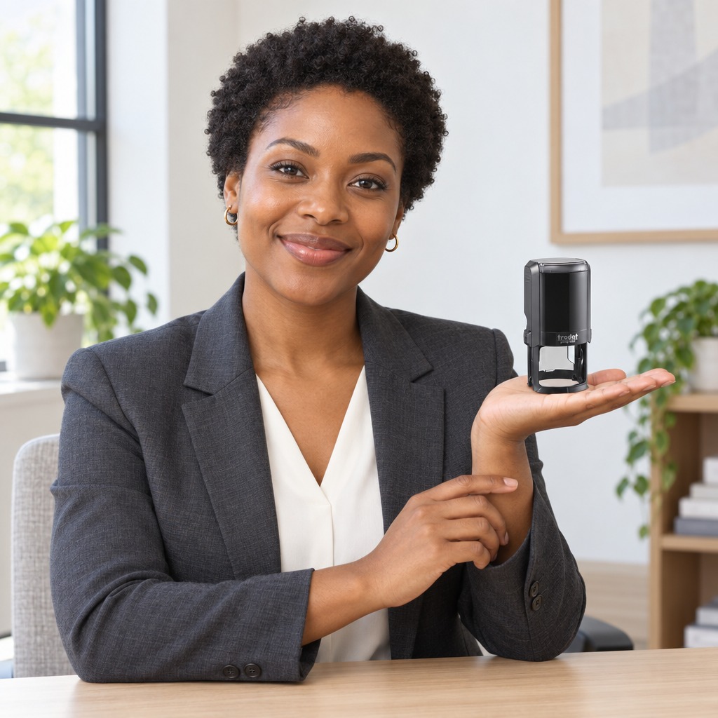 Woman presenting a Trodat 4642 Ohio notary stamp in a bright office