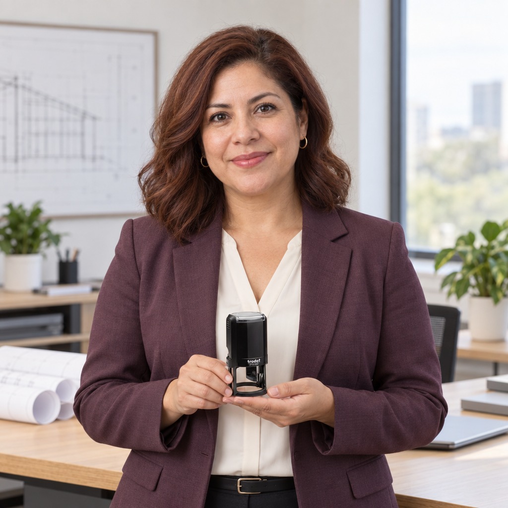 Woman presenting a Trodat 4642 Oklahoma professional engineer stamp in a bright office