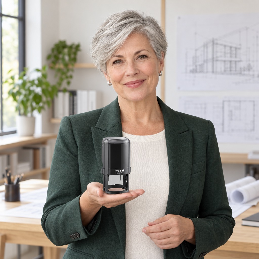 Woman presenting a Trodat 4642 South Carolina professional engineer stamp in a bright office