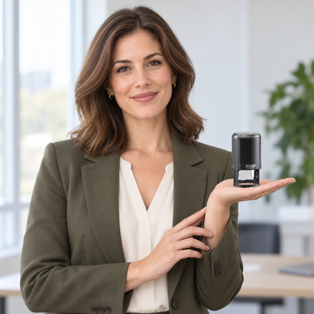 Woman presenting a Trodat 4642 South Carolina notary stamp in a bright office