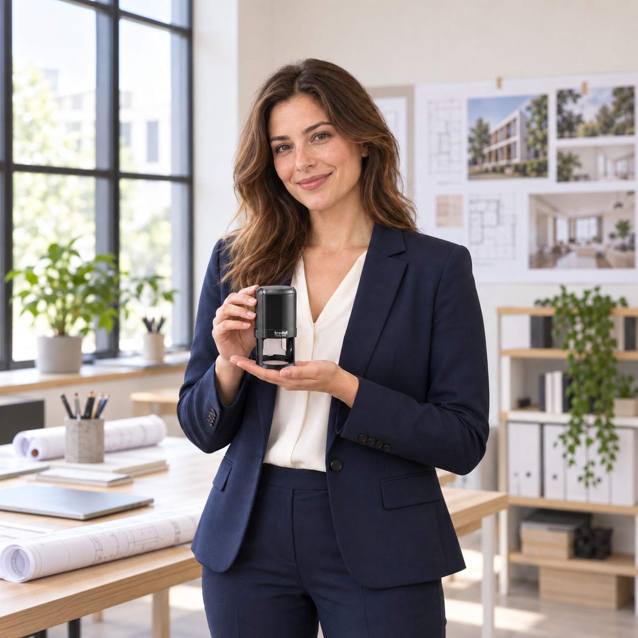 Woman presenting a Trodat 4642 Texas professional engineer stamp in an architecture office
