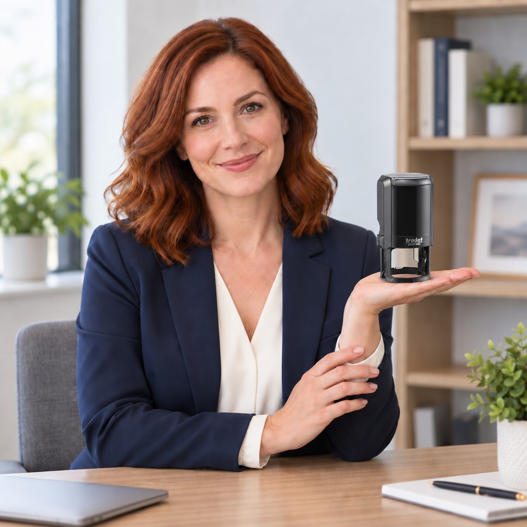 Woman presenting a Trodat 4642 Texas notary stamp in a bright office