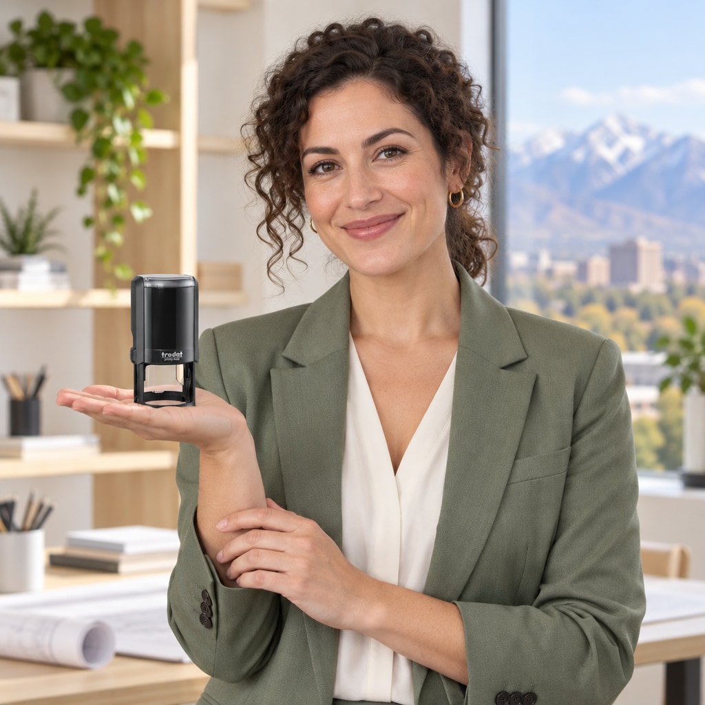 Woman presenting a Trodat 4642 Utah professional engineer stamp in a bright office