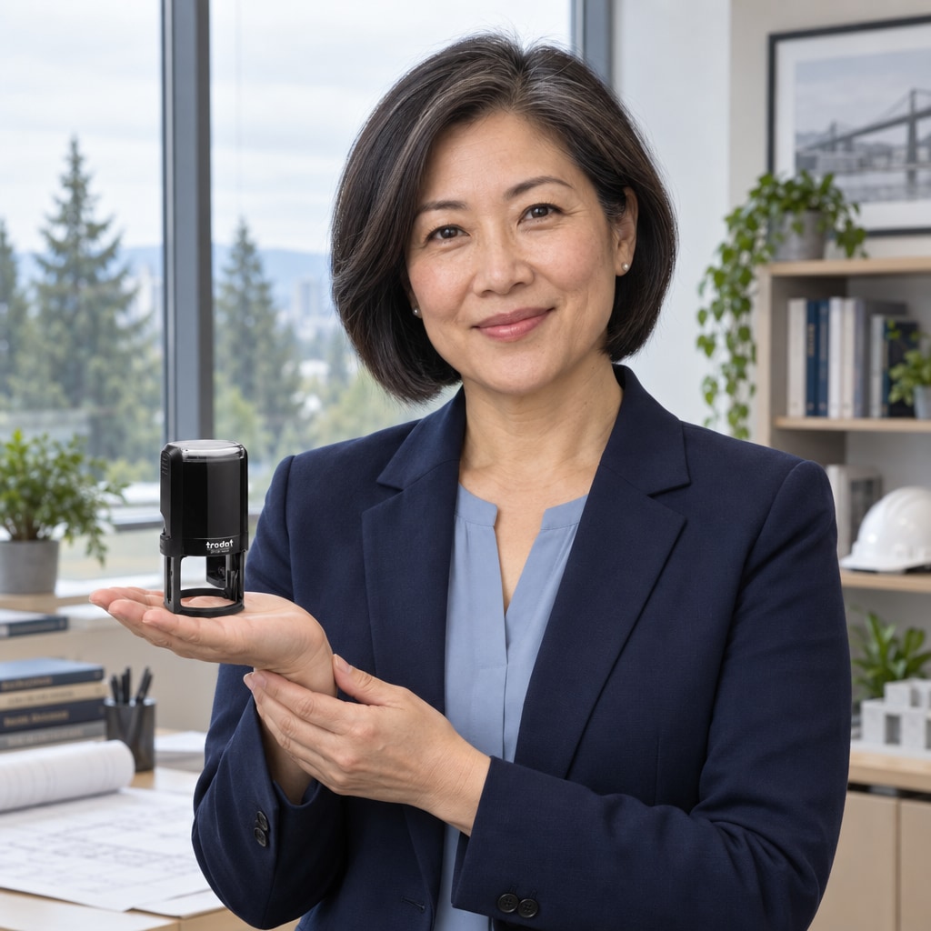 Woman presenting a Trodat 4642 Washington professional engineer stamp in a bright office